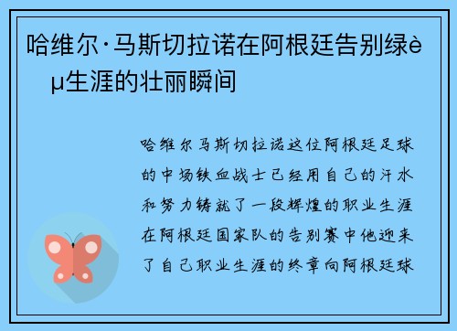 哈维尔·马斯切拉诺在阿根廷告别绿茵生涯的壮丽瞬间 哈维尔·马斯切拉诺在阿根廷告别绿茵生涯的壮丽瞬间