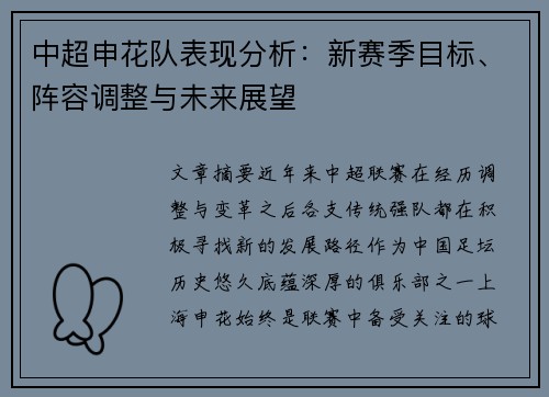 中超申花队表现分析:新赛季目标、阵容调整与未来展望 中超申花队表现分析:新赛季目标、阵容调整与未来展望