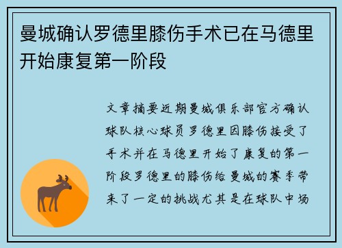 曼城确认罗德里膝伤手术已在马德里开始康复第一阶段